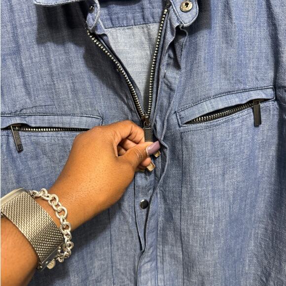 Kenneth Cole Reaction Denim Chambray Shirt Men’s Large Zip Pocket Casual - Picture 4 of 13
